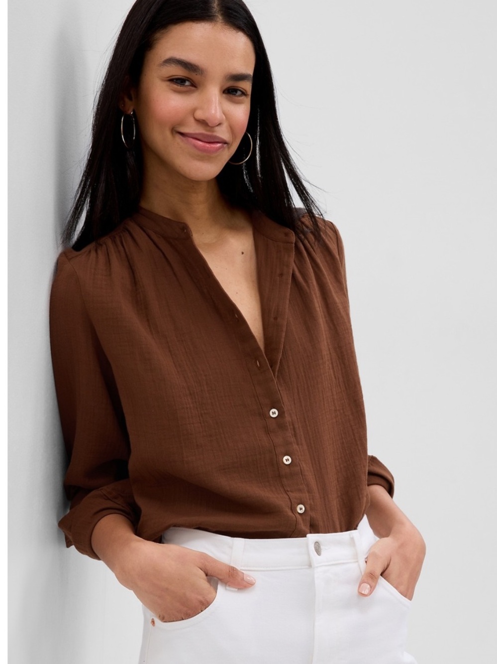 Gap Crinkle Gauze Shirt In Medium Warm Brown Size S